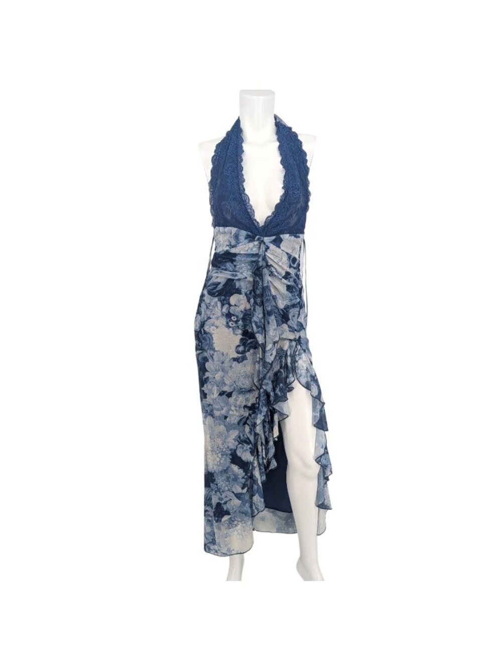 Floral Mesh Halter Midi Dress Open Back Ruched Side Slit Ruffle Cocktail Medium